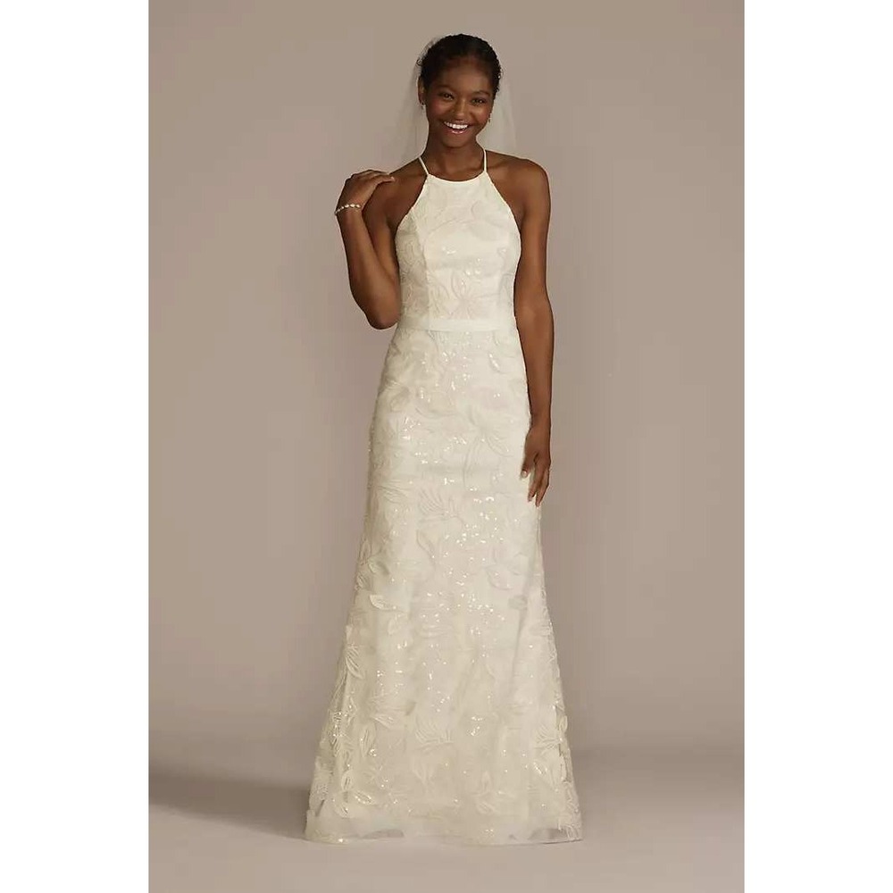 DB Studio Sequin Leaf-Appliqued High Neck Sheath Gown sz 4 Soft White Bridal